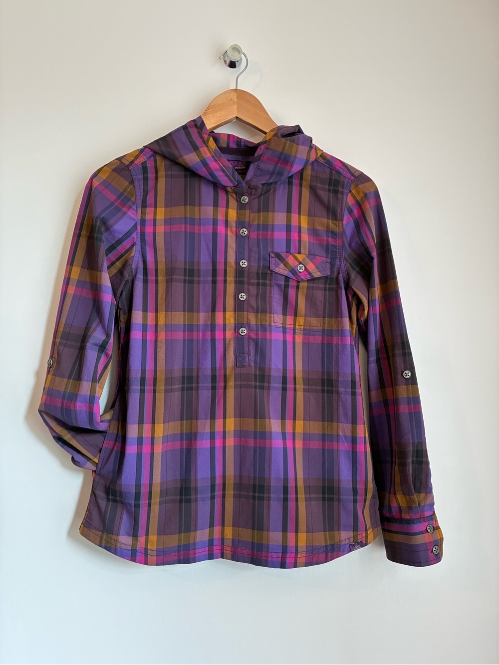 Prana Plaid Hooded Anorak Pullover Shirt Roll Up Sleeve XS